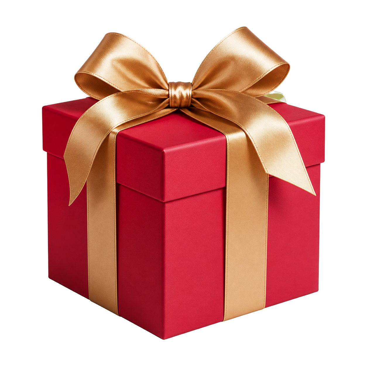 Ett rött presentpaket med guldband.