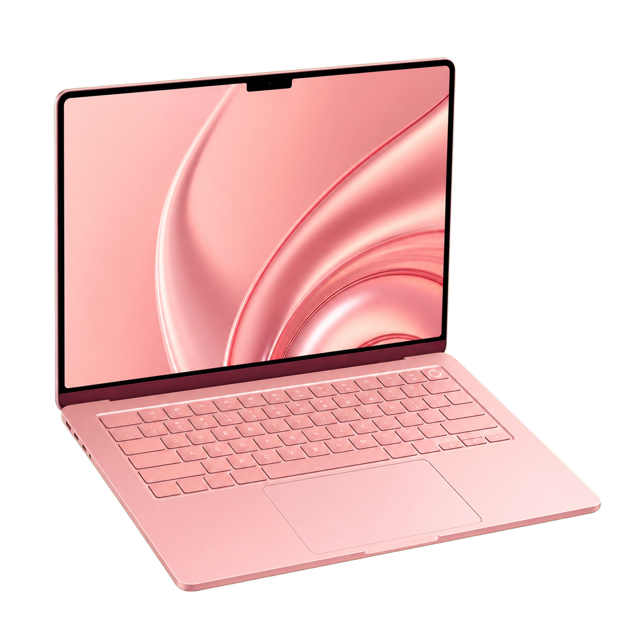 En rosa MacBook Neo som kommer ut ur presenten.